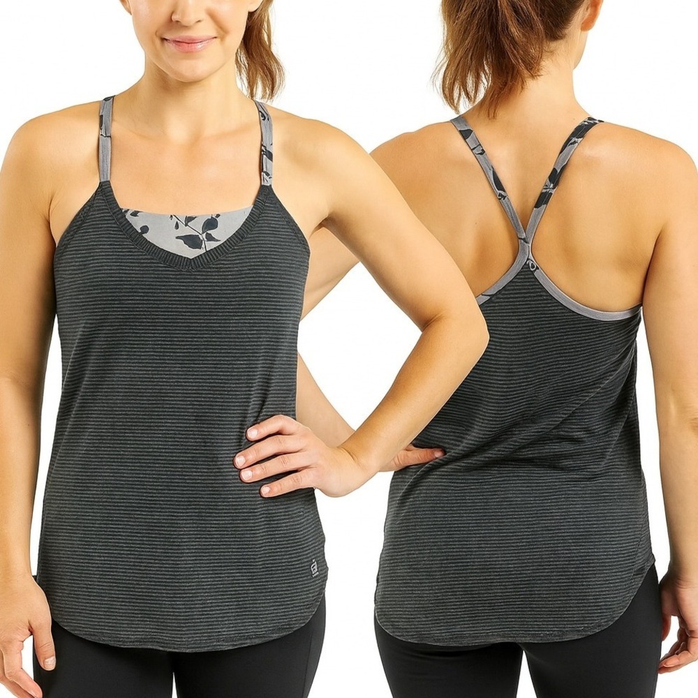 Gap Fit Tank Top XS Charcoal Grey Striped Racerback Padded Bust Pullover Sporty